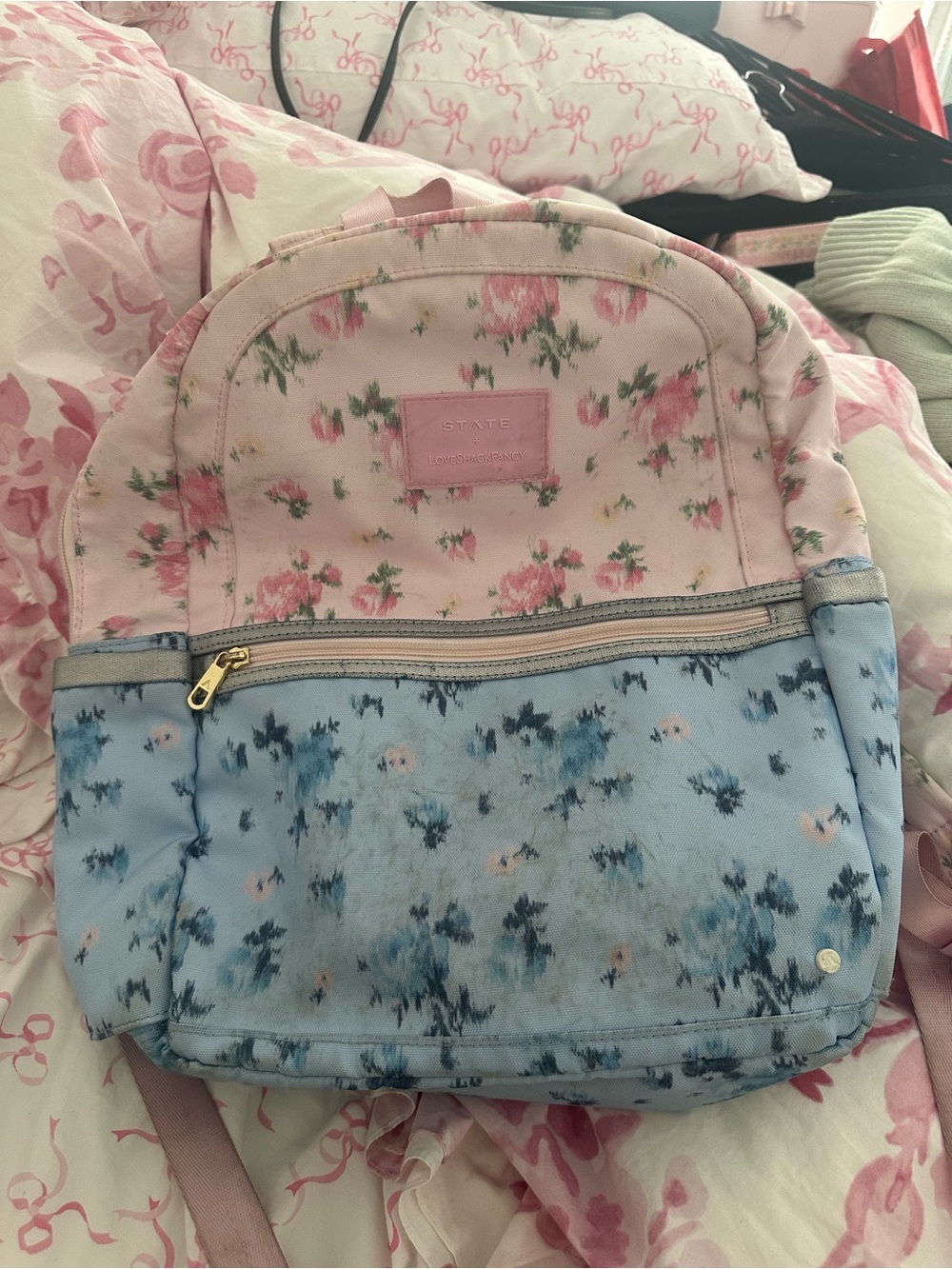 STATE Pink and Blue Floral Canvas Backpack LoveShackFancy collaboration